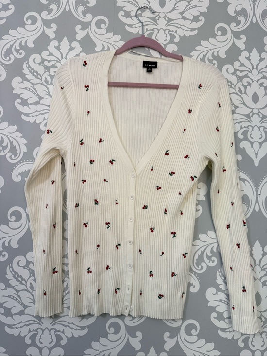 torrid Sweaters - • Torrid Cream Ribbed Cardigan Sweater with Embroidered Cherry Accents